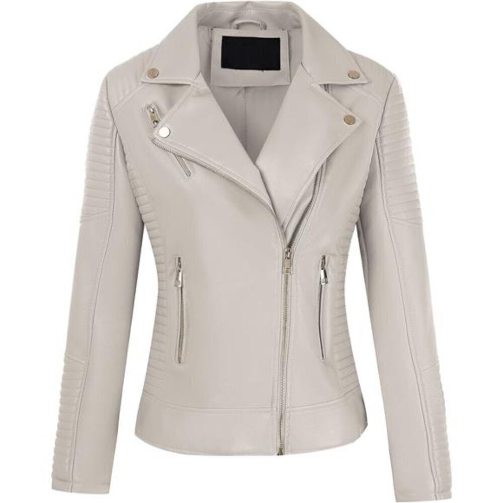 Women Faux Leather Casual Jacket, Fall and Spring Fashion Motorcycle Bike